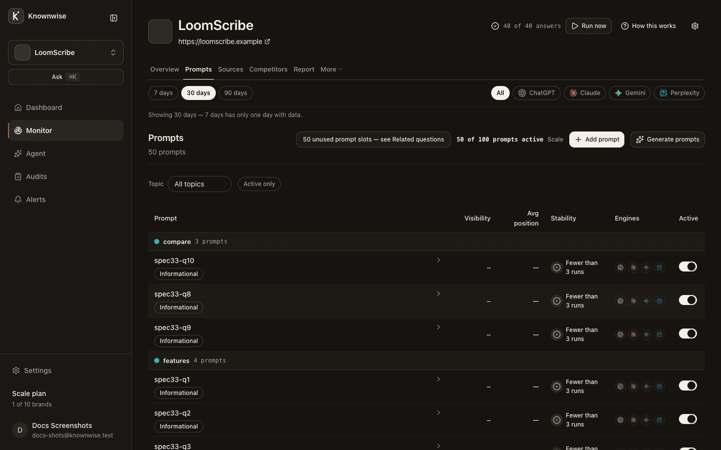The Prompts view in Knownwise