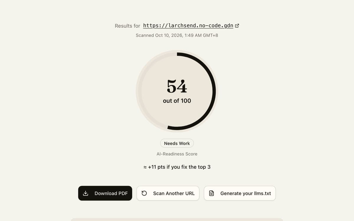 The free site audit of the Larchsend demo site: a score out of 100 across seven areas.